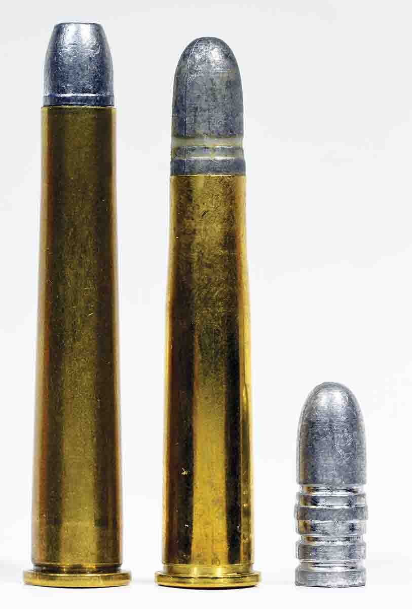The 8.15x46R (right) is often compared to its contemporary, the American .32-40 (left). The two cartridges were developed separately around the same time (1890-1900) and are ballistically very similar. The standard bullet for the 8.15x46R is a 180-grain roundnose. It is seated using finger pressure, and the seating band prevents the bullet from seating too deeply in the case.